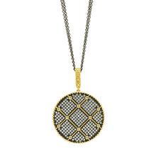 Load image into Gallery viewer, Introducing the Signature Double Sided Pendant Necklace: a circular pendant featuring a geometric lattice pattern adorned with small diamonds arranged in a grid. This exquisite piece boasts a gold border and bail, elegantly suspended from a dark black rhodium chain. The interplay of gold and silver tones adds to its sophisticated allure.
