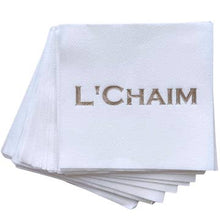 Load image into Gallery viewer, A stack of Cloth-Like Cocktail Napkins - Holiday Themed, with &quot;L&#39;CHAIM&quot; embossed in large, bold, brown uppercase letters on the topmost napkin. The neatly arranged napkins have slightly overlapping corners against a plain white background.
