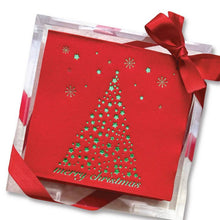 Load image into Gallery viewer, Introducing our &quot;Cocktail Napkin Acrylic Tray Set - Holiday Themed&quot; – an exquisite red box beautifully decorated with a matching ribbon, ideal for hosting festive gatherings. The lid showcases a stylized Christmas tree design crafted from green stars, complemented by smaller green stars and snowflakes. Below the tree, &quot;merry christmas&quot; is elegantly scripted in green, adding a perfect touch to your holiday celebrations.
