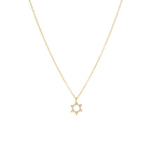 Load image into Gallery viewer, The Star of David Necklace features a delicate gold-plated chain with a small Star of David pendant, offering a minimalist appeal. Its elegant and simple six-pointed star design stands out beautifully against a plain white background.
