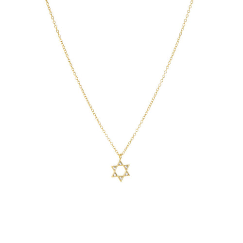 The Star of David Necklace features a delicate gold-plated chain with a small Star of David pendant, offering a minimalist appeal. Its elegant and simple six-pointed star design stands out beautifully against a plain white background.