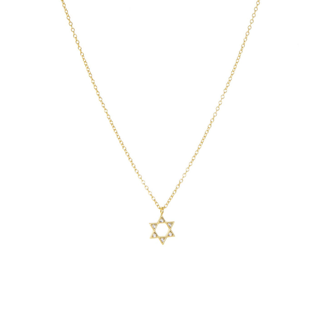 The Star of David Necklace features a delicate gold-plated chain with a small Star of David pendant, offering a minimalist appeal. Its elegant and simple six-pointed star design stands out beautifully against a plain white background.