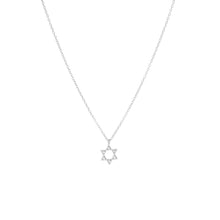 Load image into Gallery viewer, The Star of David Necklace showcases a delicate pendant adorned with small, sparkling stones set in a sterling silver frame on a thin chain, creating a shimmering effect. The simplicity and elegance of its gold-plated design make it perfect for various occasions.
