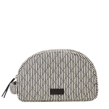 Load image into Gallery viewer, The Moon Makeup Bag - Cotton/Black Classic Leather is a quilted, dome-shaped pouch made from recycled cotton, boasting a striking black and white striped pattern arranged into diagonal diamond shapes. It features an eco-friendly design with a zipper, complete with a black leather pull tab and adorned with a small black square label on the front.
