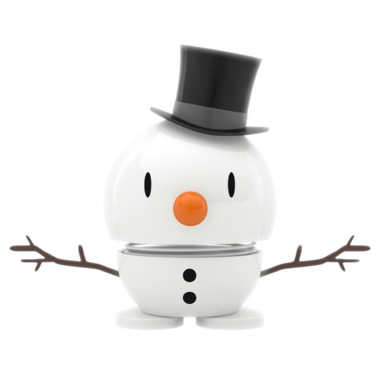 Introducing the Hoptimist Snowman Bumble: A whimsical snowman with a round body and smooth finish, adorned with a black top hat, an orange carrot nose, two black buttons, and stick-like arms. This delightful snowman stands out against a plain white backdrop, making it the perfect addition to your holiday decor or as enchanting Christmas decorations.