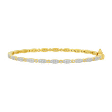 Load image into Gallery viewer, Introducing the Marquis Pave Thin Hinge Bangle, a 14K gold bracelet showcasing an elegant alternating pattern of oval links, each adorned with small, sparkling diamonds. The marquise hinge bangle design and clasp closure enhance its sleek elegance, while a polished finish accentuates its luxurious appearance.
