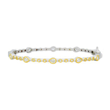 Load image into Gallery viewer, The Teardrop Station Hinge Bangle is a sleek and elegant bracelet displaying alternating pear-shaped and round white diamonds in yellow gold bezels, all set on a white gold band. It beautifully combines modern and classic design elements.
