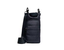 Load image into Gallery viewer, The HydroBag is a black, quilted holder with an adjustable shoulder strap and a zippered pocket. Featuring metal clasps, it offers a sleek and modern way to carry reusable water bottles in style while being practical. The fabric is soft to the touch.
