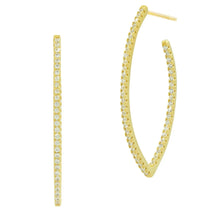 Load image into Gallery viewer, The Signature Pointed Oval Pave Hoop Earrings feature a pair of gold hoops adorned with small, sparkling white gemstones. One earring is shown from the side, emphasizing its pointed oval shape, while the other is displayed front-facing. The gems elegantly line the outer edge, creating a seamless shimmer.
