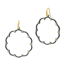 Load image into Gallery viewer, Introducing the Signature Brooklyn in Bloom Open Hoop Earrings: A pair of elegant hoop earrings featuring a scalloped edge design. Each earring is embellished with small diamond accents at each curve, set against a dark metallic finish. The gold-toned hooks add a striking contrast, enhancing their modern and sophisticated appearance.
