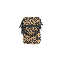 Load image into Gallery viewer, Introducing the Quilted Cellphone Bag: a rectangular accessory adorned with a beige and black leopard print, complete with a front zipper pocket. This bag includes a black detachable strap secured by clasps on both ends and is expertly crafted from durable nylon material, presented laid flat against a white background.
