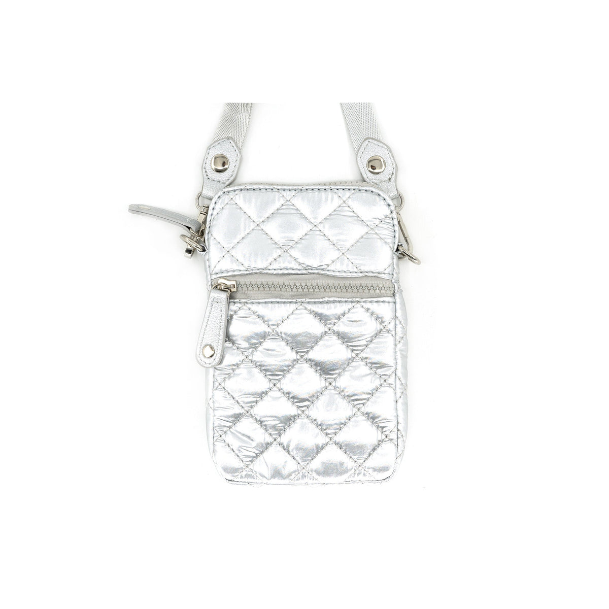 Introducing the Quilted Cellphone Bag: a compact and stylish metallic silver accessory crafted from durable nylon. It features a modern quilted diamond pattern, a convenient front zipper pocket, and two eye-catching silver buttons at the strap attachment points. Its adjustable strap ensures it's both sleek and versatile for any occasion.