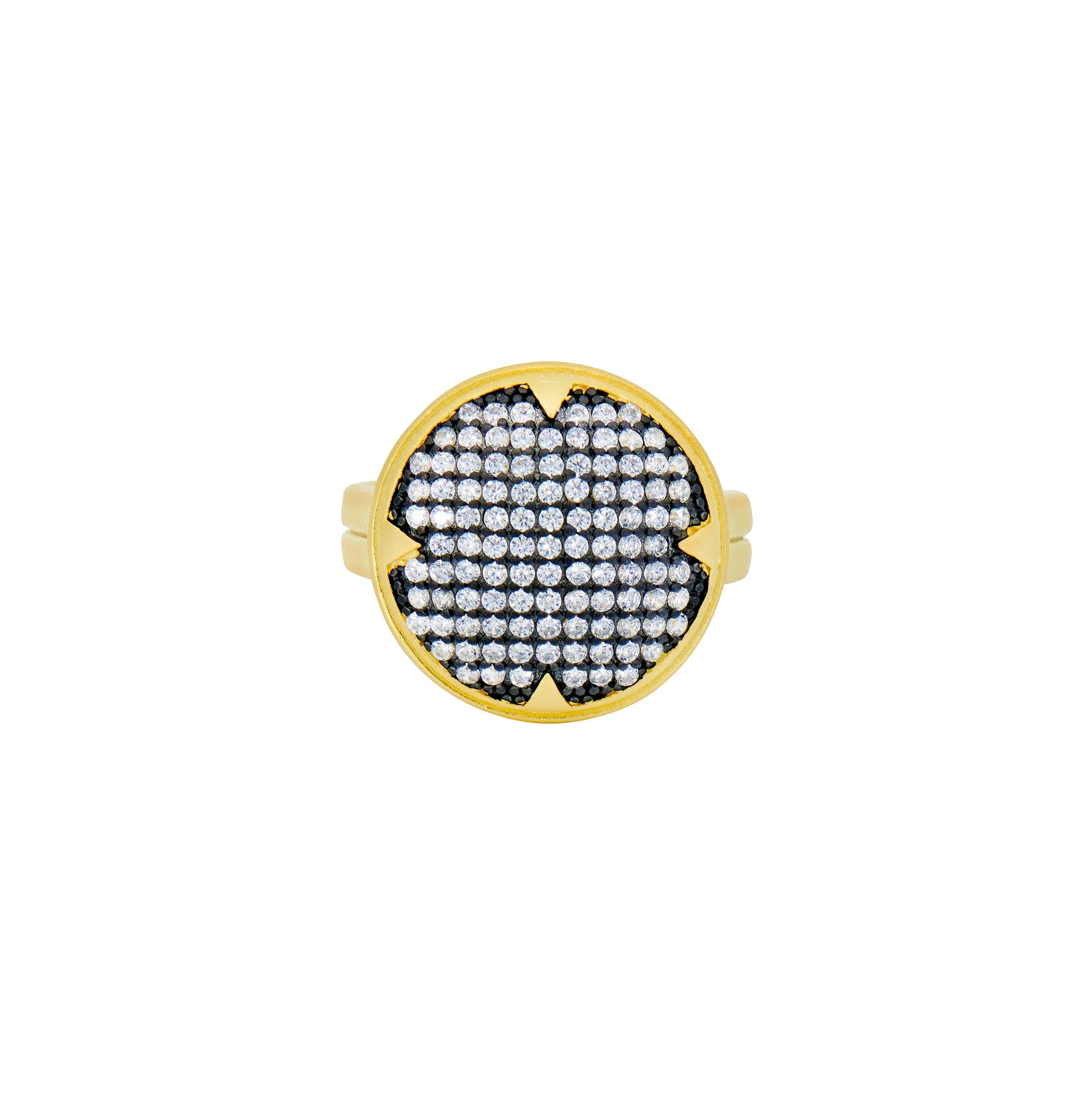 The Signature Times Square Pavé Cocktail Ring features a round face adorned with black and white diamonds, creating an enchanting geometric pattern. Made from 14K gold with black rhodium accents, the band gracefully complements the dazzling design, all set against a clean white backdrop.