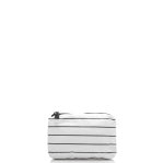The Aloha Pouches toiletry bag, featuring a sleek rectangular shape with a black zipper and horizontal black stripes on a white background, is the perfect travel companion for keeping toiletries in flight. This carry-on essential is set against a plain white backdrop.