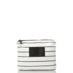 Load image into Gallery viewer, The Aloha Pouches feature a white rectangular design with thin black stripes and a central black patch, perfect for organizing travel items. A top black zipper makes it carry-on friendly, and its minimalist style is accentuated by the plain white background.
