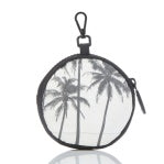 The Aloha Cutie Clip-On Pouch is a round, transparent, splash-proof zipper pouch featuring palm tree silhouettes on a light background. It has a black border, an easy clip-on for bags or belts, and offers a tropical yet minimalistic design for carrying small essentials.