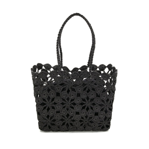 Discover the Mediterranean Muse Bag, a crochet tote with a black floral pattern and interconnected motifs for an airy texture. Featuring two braided handles and a rectangular base, it measures 17 x 13 x 6 inches—ideal for casual outings.