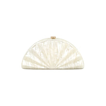 Load image into Gallery viewer, The Acrylic Clutch by BC Bags features a semicircular, white design with a pearlescent finish and embossed wavy patterns, topped with an elegant gold clasp. Perfect for any stylish occasion, it combines refinement and allure against its shimmering texture.
