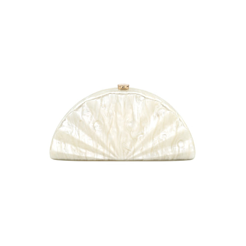 The Acrylic Clutch by BC Bags features a semicircular, white design with a pearlescent finish and embossed wavy patterns, topped with an elegant gold clasp. Perfect for any stylish occasion, it combines refinement and allure against its shimmering texture.