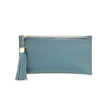 Load image into Gallery viewer, The BC Wallet is a teal, rectangular textured leather clutch featuring a gold zipper and matching teal tassel with gold accents, epitomizing minimalist elegance.
