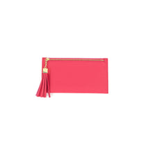 Load image into Gallery viewer, A red textured BC Wallet clutch, with a gold zipper and decorative red tassel, stands out against a plain white background, showcasing its vibrant color and minimalist rectangular design.
