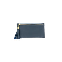 Load image into Gallery viewer, The dark blue rectangular BC Wallet features a textured finish, gold zipper, and large blue tassel with gold hardware. Stylish and functional, it&#39;s beautifully displayed against a white background.
