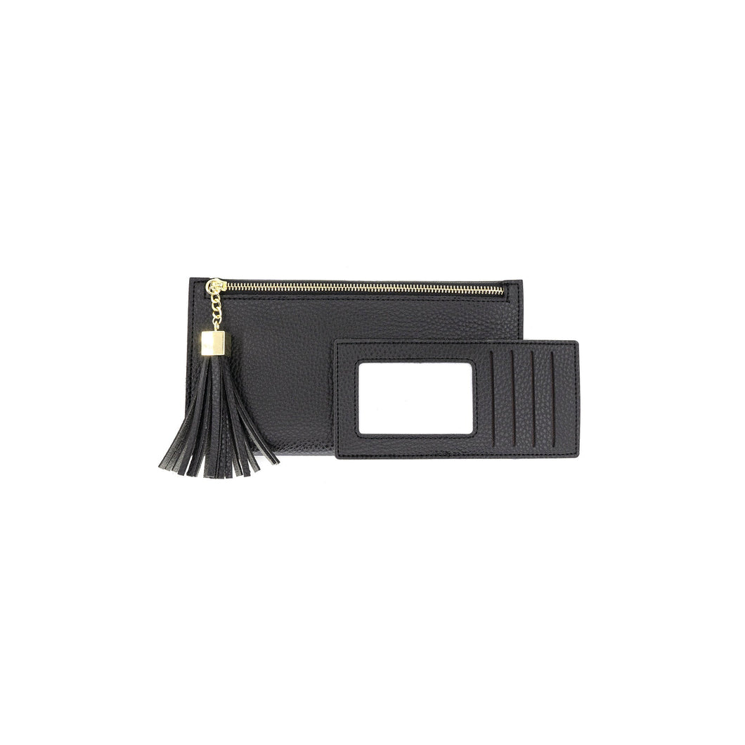 The BC Wallet, made of black leather, showcases a gold zipper and tassel. It includes a detachable card holder with four horizontal slots and a clear ID window. Perfectly sized for everyday use, it is elegantly presented on a white background.