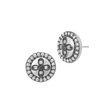 Load image into Gallery viewer, The Clover Stud Earrings showcase a central flower motif with five petal-like shapes, each embellished with a small gem. Surrounded by cubic zirconia in a circular pattern, they offer a radiant vintage design with an elegant sterling silver finish.
