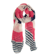 Load image into Gallery viewer, This Lightweight Patterned Scarf features a bold geometric design in red, white, and navy blue, with large sections and striking stripes. It elegantly drapes against a white background, offering a modern look perfect for Flamingos in Paradise.
