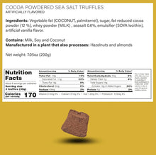 Load image into Gallery viewer, A close-up of Cocoa Dusted Truffles, set against a yellow backdrop, showcases gourmet indulgence made with vegetable fat, sugar, and cocoa powder. Contains milk, soy, coconut; may contain hazelnuts and almonds. Nutrition facts: 170 calories per serving.

