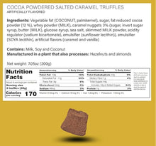 Load image into Gallery viewer, The Cocoa Dusted Truffles packaging showcases ingredients like coconut, milk, soy, and caramel against a yellow backdrop with a truffle at the bottom. Indulge in this gourmet treat crafted in a nut facility, offering 170 calories per serving.
