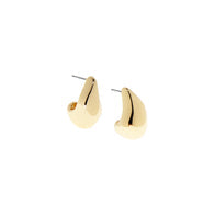 Load image into Gallery viewer, The Elongated Dome Earring is a pair of gold hoops featuring a smooth, glossy finish and sleek, elongated dome design. Each earring has a slightly open front with visible posts for fastening and is set against a plain white background.
