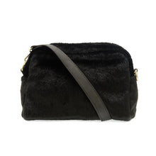 Load image into Gallery viewer, Black Faux fur crossbody purse with black strap, rectangular in shape
