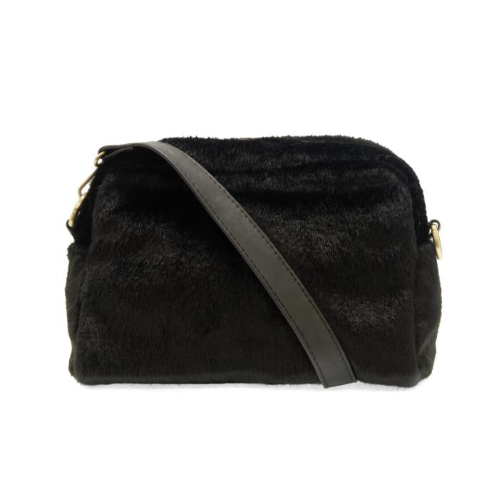 Black Faux fur crossbody purse with black strap, rectangular in shape