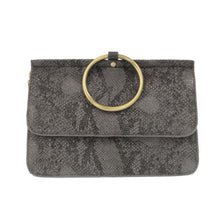 Load image into Gallery viewer, Introducing the Aria Ring Bag - Fall/Winter, a fashionable gray clutch made from luxurious vegan leather, showcasing a textured abstract pattern. The elegant design is highlighted by a prominent gold ring on the front flap, perfect for adding an air of sophistication. This sleek rectangular bag easily converts into a bracelet bag for versatile style options.
