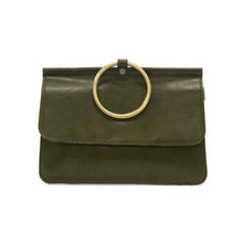 Load image into Gallery viewer, Introducing the Aria Ring Bag - Fall/Winter, crafted in olive green leather with a smooth finish. This elegant clutch features a large, golden metallic ring handle that enhances its minimalist design by highlighting both texture and color. The bag&#39;s neatly stitched edges contribute to its refined look, making it a versatile bracelet bag that adds a touch of style to any outfit.
