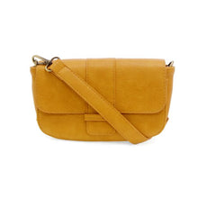 Load image into Gallery viewer, The Becca Baguette Convertible Crossbody is a compact, mustard-yellow bag crafted from vintage vegan leather. It showcases a flap closure and comes with a matching adjustable shoulder strap. The design is simple and elegant, with minimal visible stitching.
