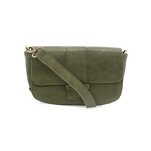 Load image into Gallery viewer, The Becca Baguette Convertible Crossbody is a small crossbody bag in olive green, crafted from vintage vegan leather with a flap closure. It includes a matching strap attached with gold-tone hardware. Its minimalist design and visible stitching along the edges make it stand out against a plain white background.
