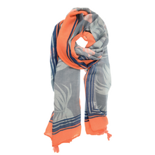 Load image into Gallery viewer, The Lightweight Patterned Scarves offer a stylish paradise design adorned with floral patterns in shades of orange, grey, and dark blue. With large flower motifs and narrow edge stripes, these scarves are elegantly wrapped with soft tassels at the ends, showcasing a blend of vibrant and muted colors.
