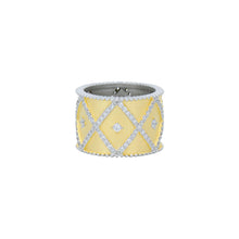 Load image into Gallery viewer, Introducing the All-Time Favorite Cigar Band Ring: This wide, textured gold-tone ring features a striking geometric diamond pattern outlined in sterling silver. Each section is accentuated with small silver beads and centered cubic zirconia stones, while the interior boasts a smooth, reflective finish.
