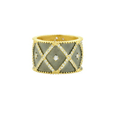 Load image into Gallery viewer, The All-Time Favorite Cigar Band Ring seamlessly combines gold with a gray band adorned in a diamond pattern. Small cubic zirconia stones are intricately set within the patterned sections, highlighted by a delicate gold border and finished with beaded detailing along the edges, offering an opulent and sophisticated look.
