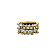 Load image into Gallery viewer, A set of the Two Tone 5-Stack Rings showcases three rings crafted from 14K gold, each embellished with small, round diamonds. Each ring highlights a row of glistening stones along its outer edge and larger diamonds positioned at the center. The rings are intricately designed and elegantly stacked, offering a sophisticated and shimmering look.
