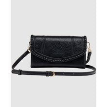 Load image into Gallery viewer, The Harlow Crossbody Bag, made from black vegan leather with a textured finish, features a curved flap enhanced by braided detailing and a gold-tone buckle. It includes an adjustable crossbody strap for added comfort and is elegantly presented against a simple light gray backdrop.
