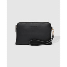 Load image into Gallery viewer, The Poppy Wristlet is a stylish black pouch made from pebble-textured vegan leather. It includes a gold top zipper and a detachable wrist strap attached with a gold clasp. The front features subtle embossed branding against a plain light gray background.
