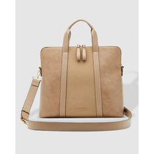 Load image into Gallery viewer, The Rhodes Suede Laptop Bag is a chic beige vegan leather laptop bag featuring dual top handles and a detachable shoulder strap. It showcases a vertical panel design and two zipper pulls at the top, with the brand name subtly embossed near the bottom. Ideal as a work tote bag, it comes with a light gray backdrop.
