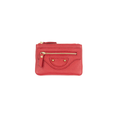 A compact rectangular leather wallet in a vibrant red color, showcasing a grainy texture. It includes a functional gold zipper pocket on the front adorned with a small tassel and accented with two gold rivets below the zipper. This stylish accessory, named the Leather Wallet with Keychain, is presented against a plain white background.