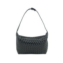 Load image into Gallery viewer, The image showcases the Woven Handbag, a stylish black vegan leather accessory with a rectangular design. It boasts a short strap on top for easy carrying and features an intricately textured, interlaced pattern that enhances its sophisticated and elegant look, all set against a plain white background.
