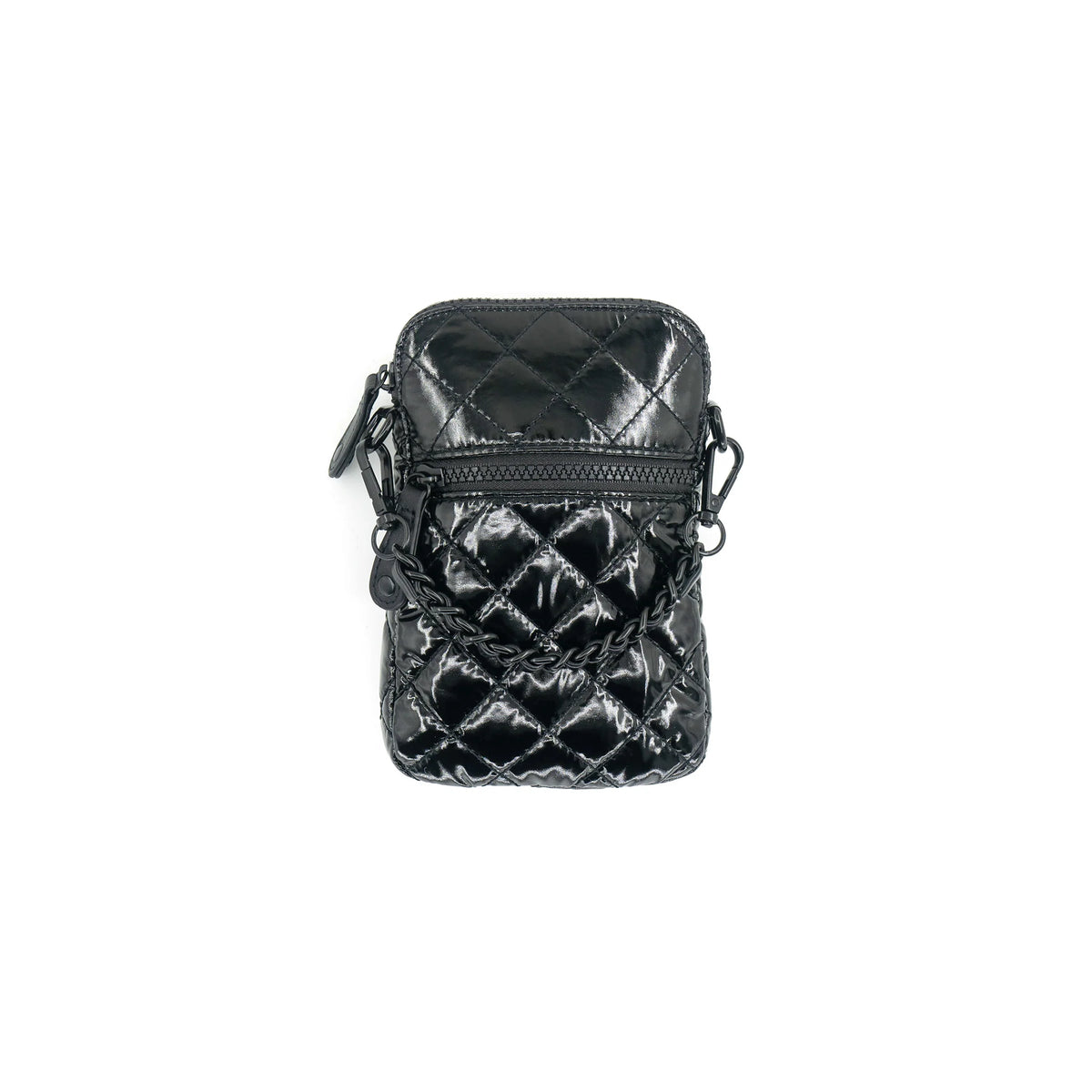 A compact glossy black Quilted Cellphone Bag made from nylon material, featuring a diamond-patterned quilt design and a sleek, shiny finish. It includes a zippered front pocket and a detachable strap, presented against a plain white background.