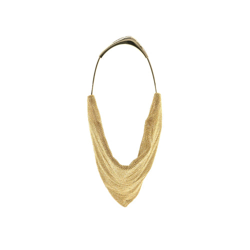 A gold mesh necklace features a draped design with a smooth, rigid metallic neckband. The flowing U-shape creates an elegant look, serving as the perfect accent for a night out. Its shiny, textured surface adds luxurious charm to any ensemble. Style it with the Gold Crystal Evening Bag for timeless elegance reminiscent of Style 2701.