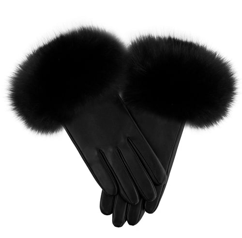 A pair of Size 8 Black Leather Gloves with Black Fox Trim, where one glove is neatly positioned on top of the other. The luxurious fox trim and smooth leather texture exude sophistication and warmth.